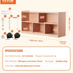 VEVOR Cubby Mobile Tray Storage Cabinet, 5-Compartment Cubby Storage Shelf, Cubby Storage Cabinet 2-shelf, Classroom Cubbies, Classroom Furniture for Home, Daycare and Preschool, Natural