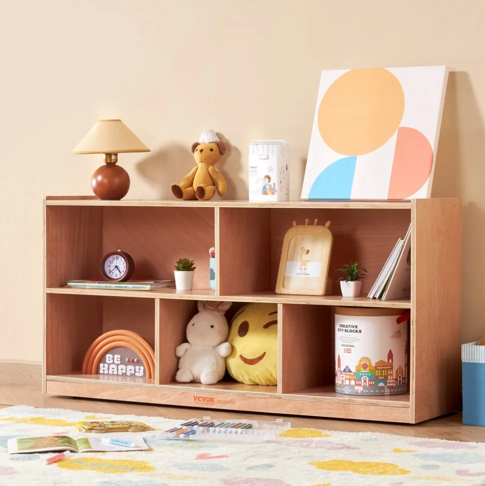 VEVOR Cubby Mobile Tray Storage Cabinet, 5-Compartment Cubby Storage Shelf, Cubby Storage Cabinet 2-shelf, Classroom Cubbies, Classroom Furniture for Home, Daycare and Preschool, Natural