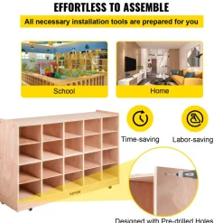 VEVOR Cubby Mobile Tray Storage Cabinet, 20-Compartment Cubby Storage Shelf, Cubby Storage Cabinet 4 x 5, Classroom Cubbies, Classroom Furniture for Home, Daycare and Preschool, Natural