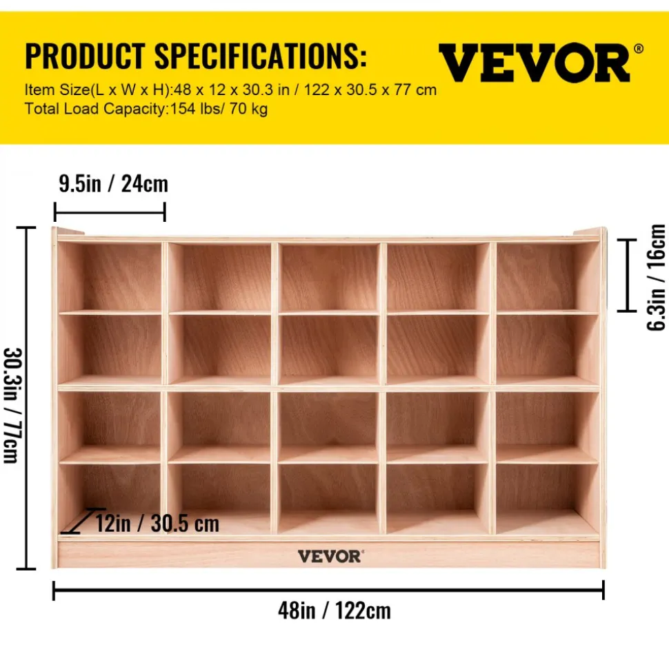 VEVOR Cubby Mobile Tray Storage Cabinet, 20-Compartment Cubby Storage Shelf, Cubby Storage Cabinet 4 x 5, Classroom Cubbies, Classroom Furniture for Home, Daycare and Preschool, Natural