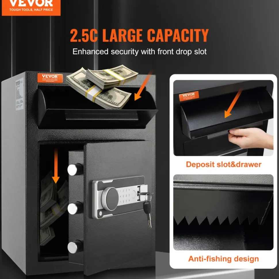 VEVOR 2.5 Cub Depository Safe, Deposit Safe with Drop Slot, Electronic Code Lock and 2 Emergency Keys, 20.27'' x 13.97'' x 13.97'' Business Drop Slot Safe for Cash, Mail in Home, Hotel, Office