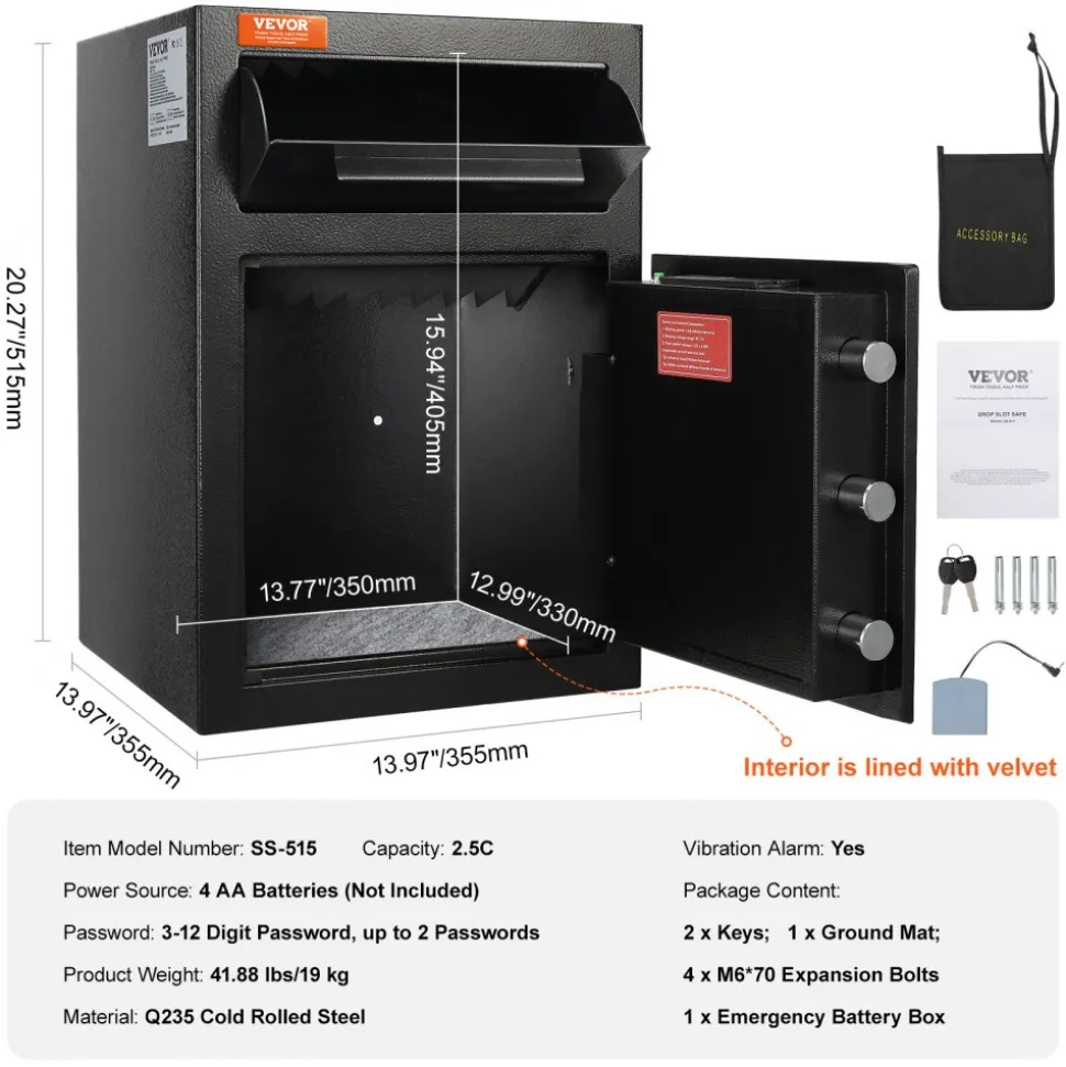 VEVOR 2.5 Cub Depository Safe, Deposit Safe with Drop Slot, Electronic Code Lock and 2 Emergency Keys, 20.27'' x 13.97'' x 13.97'' Business Drop Slot Safe for Cash, Mail in Home, Hotel, Office
