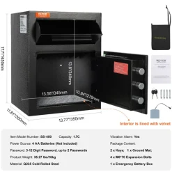 VEVOR 1.7 Cub Depository Safe, Deposit Safe with Drop Slot, Electronic Code Lock and 2 Emergency Keys, 17.71'' x 13.77'' x 13.77'' Business Drop Slot Safe for Cash, Mail in Home, Hotel, Office