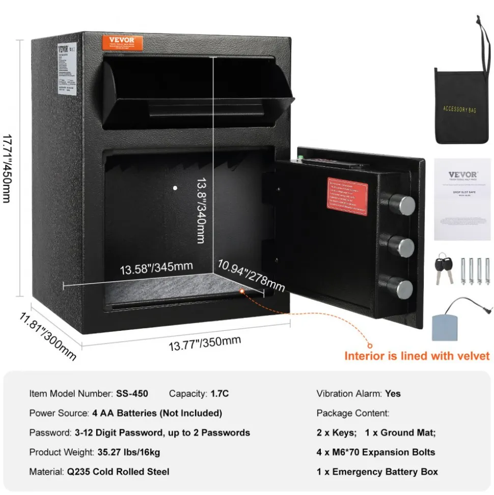 VEVOR 1.7 Cub Depository Safe, Deposit Safe with Drop Slot, Electronic Code Lock and 2 Emergency Keys, 17.71'' x 13.77'' x 13.77'' Business Drop Slot Safe for Cash, Mail in Home, Hotel, Office