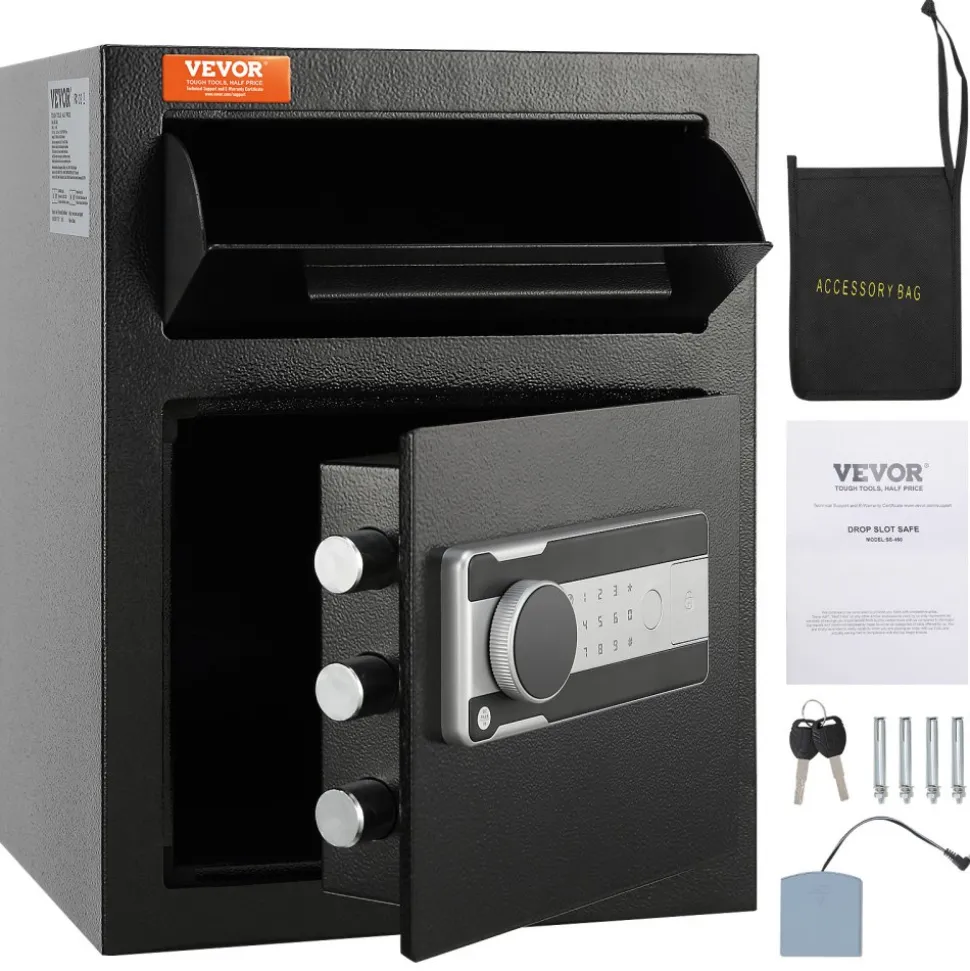 VEVOR 1.7 Cub Depository Safe, Deposit Safe with Drop Slot, Electronic Code Lock and 2 Emergency Keys, 17.71'' x 13.77'' x 13.77'' Business Drop Slot Safe for Cash, Mail in Home, Hotel, Office