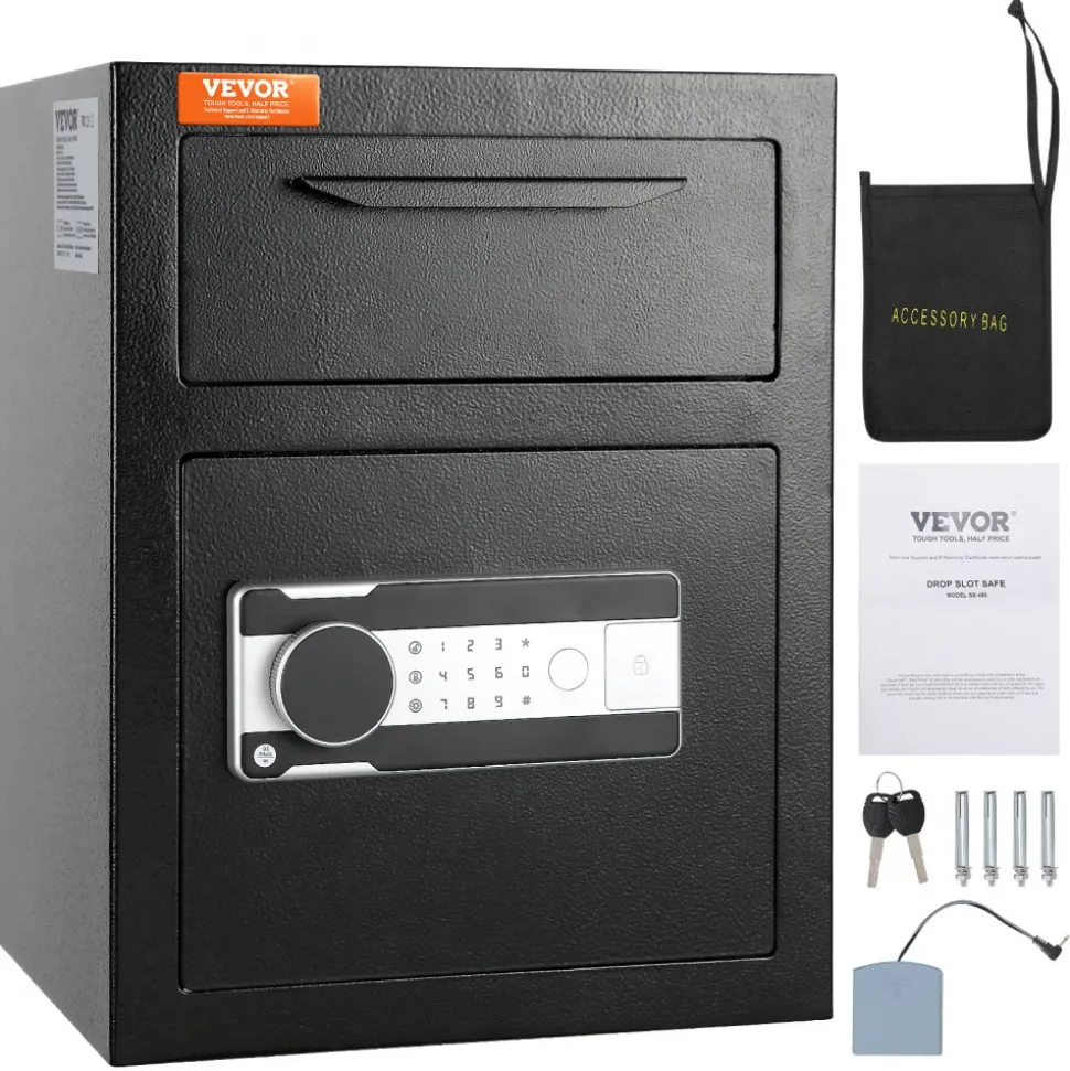 VEVOR 1.7 Cub Depository Safe, Deposit Safe with Drop Slot, Electronic Code Lock and 2 Emergency Keys, 17.71'' x 13.77'' x 13.77'' Business Drop Slot Safe for Cash, Mail in Home, Hotel, Office
