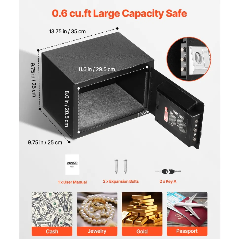 VEVOR 0.6 Cubic Feet Drop Safe, Drop Slot Safe Box with Password and Turn Knob, Heavy Duty Compact Cash Depository Box with a Front Lock Slot for Cash, Bank Slips, Jewelry, Documents, Bills, Black