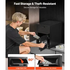 VEVOR 1.2 Cubic Feet Drop Safe, Large Capacity Front Drop Slot Safe Box with Digital Keypad, Heavy Duty 2 Tiers Cash Depository Box with Spare Keys for Cash, Bank Slip, Jewelry, Document, Bill, Black