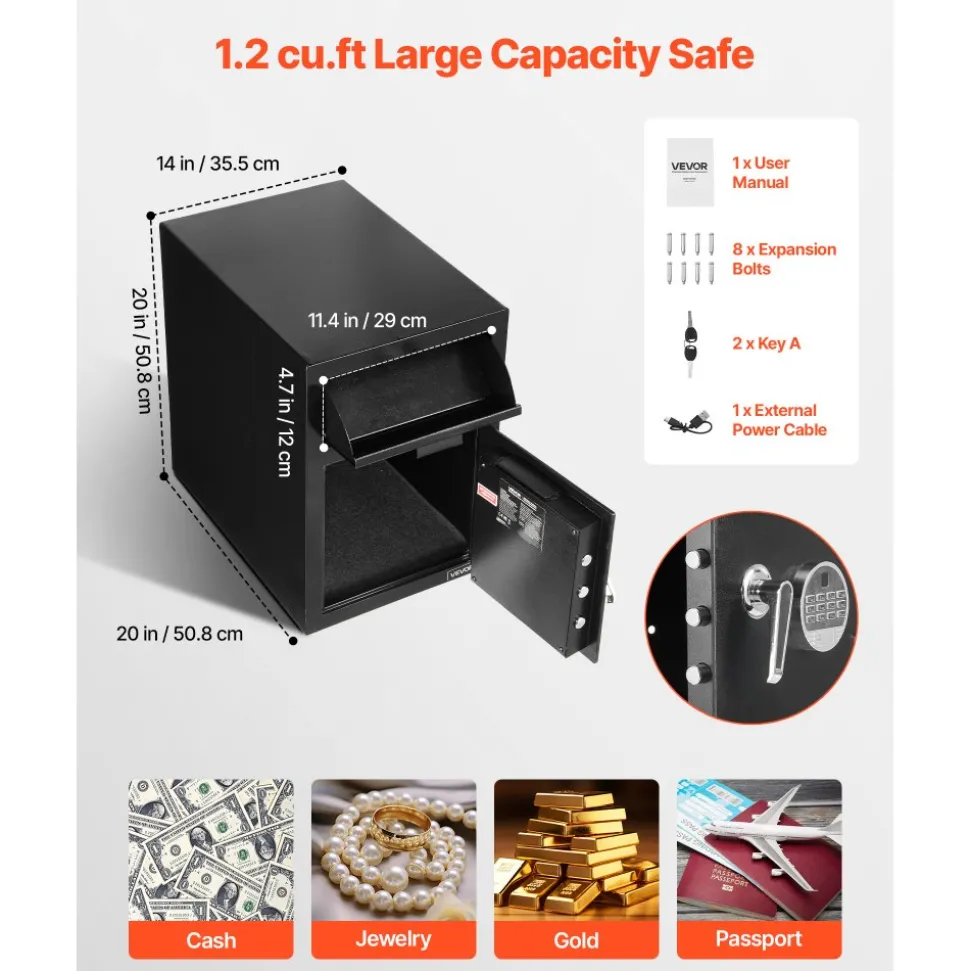 VEVOR 1.2 Cubic Feet Drop Safe, Large Capacity Front Drop Slot Safe Box with Digital Keypad, Heavy Duty 2 Tiers Cash Depository Box with Spare Keys for Cash, Bank Slip, Jewelry, Document, Bill, Black