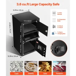 VEVOR 3.6 Cubic Feet Drop Safe, Large Capacity Front Drop Slot Safe Box with Digital Keypad, Heavy Duty 3 Tiers Cash Depository Box with Spare Keys for Cash, Bank Slip, Jewelry, Document, Bill, Black