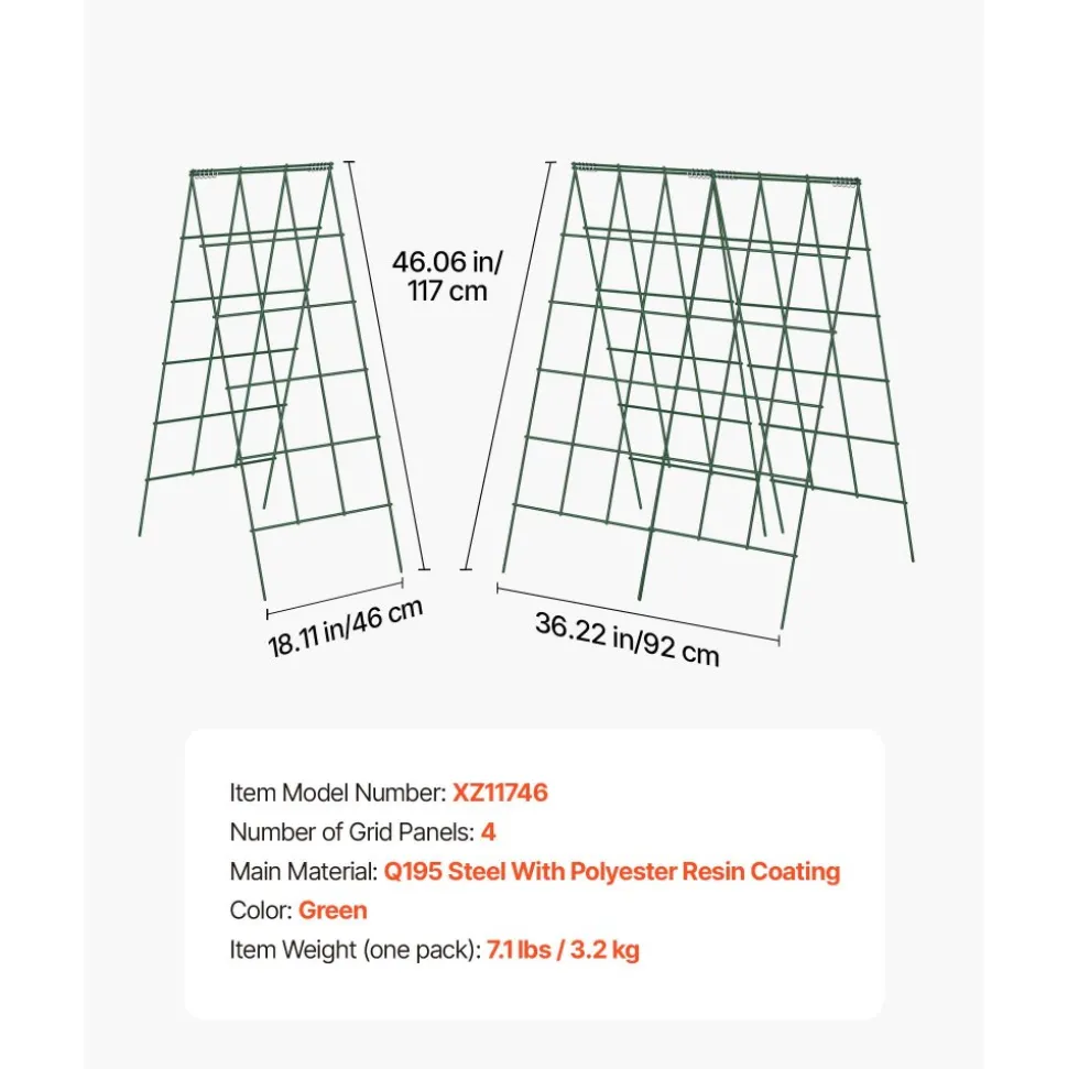 VEVOR Cucumber Trellis 4 Pack, A-Frame Garden Trellises for Raised Bed, Metal Rustproof Coating Plant Support for Vine, Climbing Plants, Peas, Beans, Zucchini, Tomato, Flower (46.06 x 18.11 in x 4PCS)