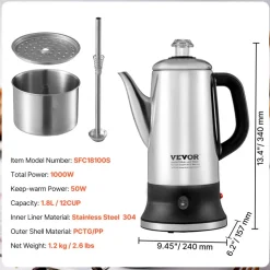 VEVOR 12-Cup Electric Percolator Coffee Pot, 304 Stainless Steel Coffee Percolator with Keep Warm Function & Heat-Resistant Handle, Classic Coffee Maker, Quick Brew & Easy-Pour Spout, Silver