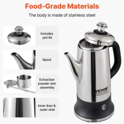 VEVOR 12-Cup Electric Percolator Coffee Pot, 304 Stainless Steel Coffee Percolator with Keep Warm Function & Heat-Resistant Handle, Classic Coffee Maker, Quick Brew & Easy-Pour Spout, Silver