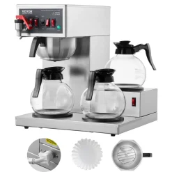 VEVOR 12 Cups Commercial Drip Coffee Maker, Coffee Maker Machine with 3 Glass Carafes and 3 Warmer Plates, Stainless Steel Pour Over Coffee Brewer for Restaurant, Office, Cafe