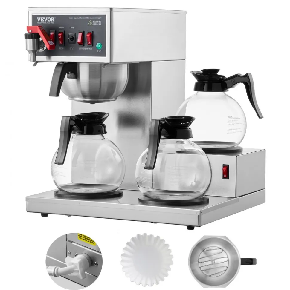 VEVOR 12 Cups Commercial Drip Coffee Maker, Coffee Maker Machine with 3 Glass Carafes and 3 Warmer Plates, Stainless Steel Pour Over Coffee Brewer for Restaurant, Office, Cafe