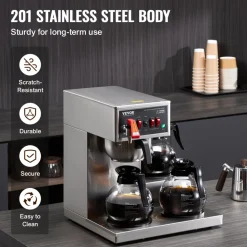VEVOR 12 Cups Commercial Drip Coffee Maker, Coffee Maker Machine with 3 Glass Carafes and 3 Warmer Plates, Stainless Steel Pour Over Coffee Brewer for Restaurant, Office, Cafe