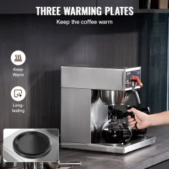 VEVOR 12 Cups Commercial Drip Coffee Maker, Coffee Maker Machine with 3 Glass Carafes and 3 Warmer Plates, Stainless Steel Pour Over Coffee Brewer for Restaurant, Office, Cafe