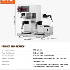 VEVOR 12 Cups Commercial Drip Coffee Maker, Coffee Maker Machine with 3 Glass Carafes and 3 Warmer Plates, Stainless Steel Pour Over Coffee Brewer for Restaurant, Office, Cafe
