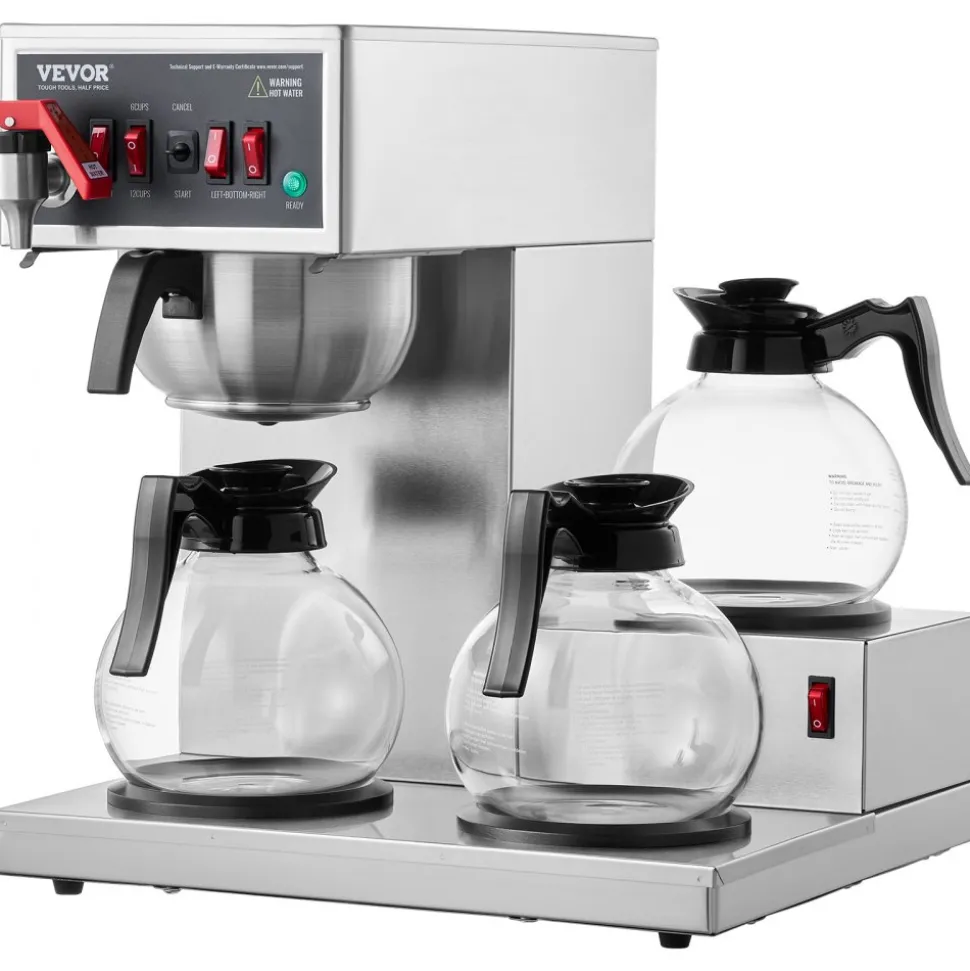 VEVOR 12 Cups Commercial Drip Coffee Maker, Coffee Maker Machine with 3 Glass Carafes and 3 Warmer Plates, Stainless Steel Pour Over Coffee Brewer for Restaurant, Office, Cafe