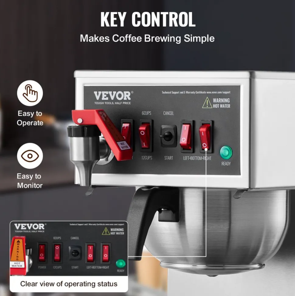 VEVOR 12 Cups Commercial Drip Coffee Maker, Coffee Maker Machine with 3 Glass Carafes and 3 Warmer Plates, Stainless Steel Pour Over Coffee Brewer for Restaurant, Office, Cafe