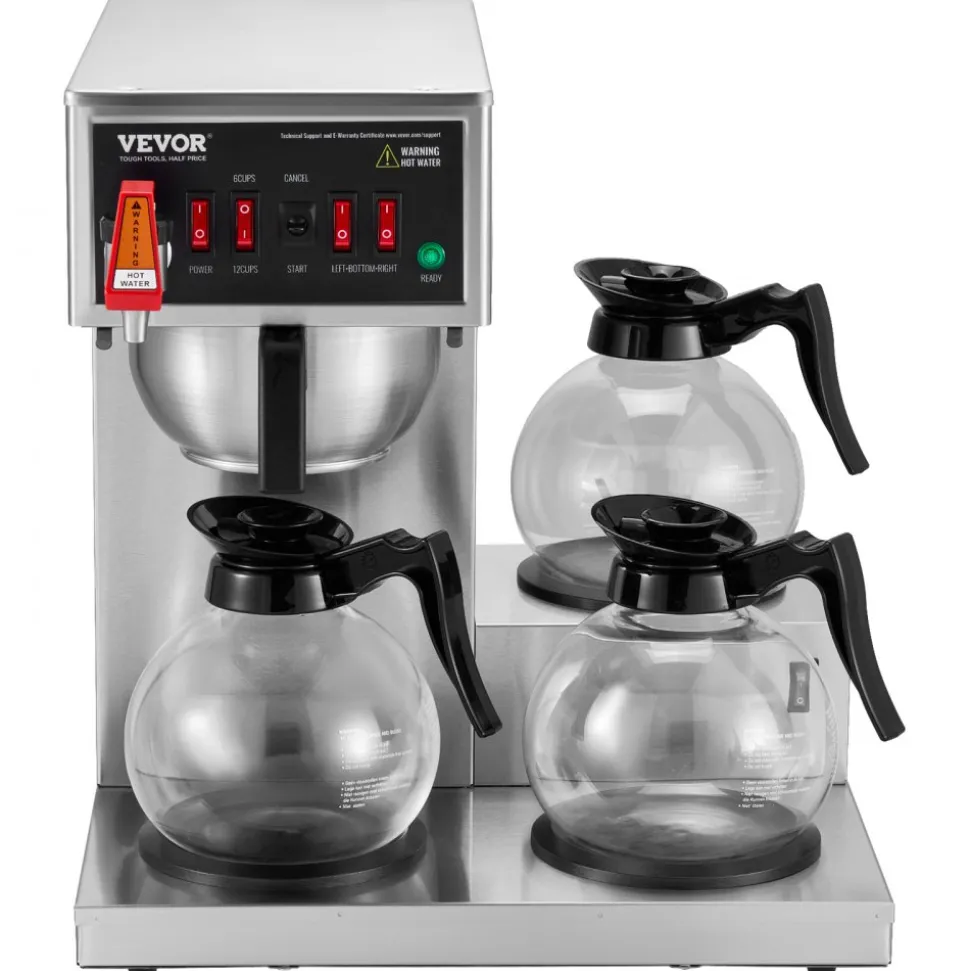 VEVOR 12 Cups Commercial Drip Coffee Maker, Coffee Maker Machine with 3 Glass Carafes and 3 Warmer Plates, Stainless Steel Pour Over Coffee Brewer for Restaurant, Office, Cafe