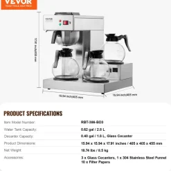 VEVOR 12 Cups Commercial Drip Coffee Maker, Coffee Maker Machine with 3 Glass Carafes and 3 Warmer Plates, Stainless Steel Pour Over Coffee Brewer with Auto Water Intake, for Restaurant Office Cafe