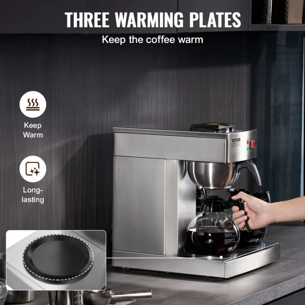 VEVOR 12 Cups Commercial Drip Coffee Maker, Coffee Maker Machine with 3 Glass Carafes and 3 Warmer Plates, Stainless Steel Pour Over Coffee Brewer with Auto Water Intake, for Restaurant Office Cafe