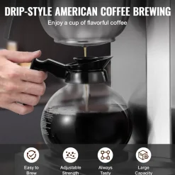 VEVOR 12 Cups Commercial Drip Coffee Maker, Coffee Maker Machine with 3 Glass Carafes and 3 Warmer Plates, Stainless Steel Pour Over Coffee Brewer with Auto Water Intake, for Restaurant Office Cafe