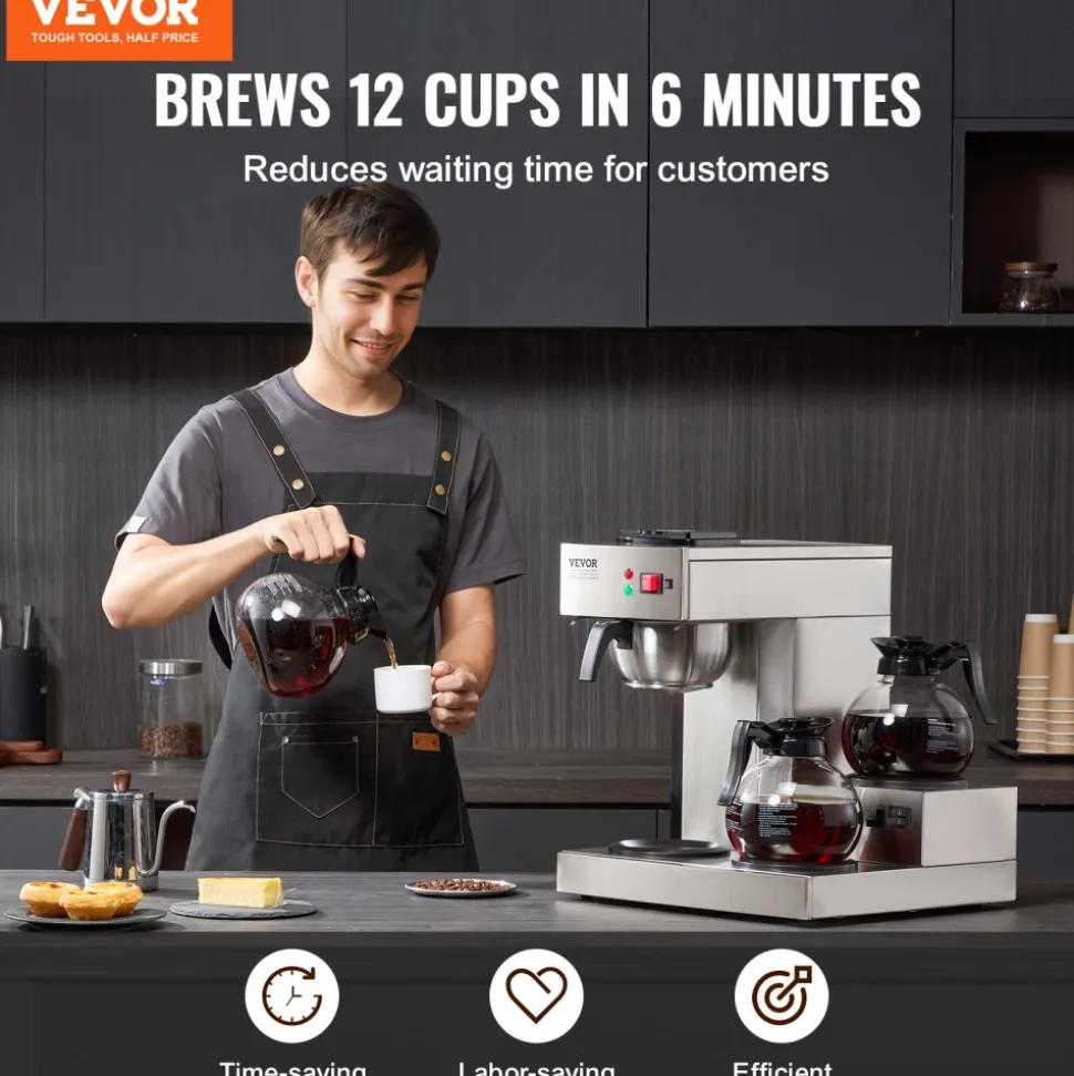 VEVOR 12 Cups Commercial Drip Coffee Maker, Coffee Maker Machine with 3 Glass Carafes and 3 Warmer Plates, Stainless Steel Pour Over Coffee Brewer with Auto Water Intake, for Restaurant Office Cafe