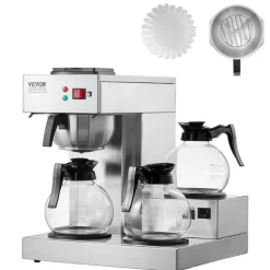 VEVOR 12 Cups Commercial Drip Coffee Maker, Coffee Maker Machine with 3 Glass Carafes and 3 Warmer Plates, Stainless Steel Pour Over Coffee Brewer with Auto Water Intake, for Restaurant Office Cafe