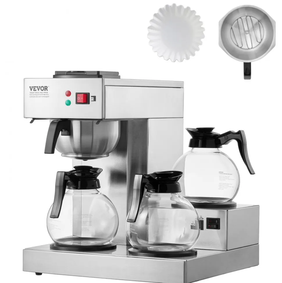 VEVOR 12 Cups Commercial Drip Coffee Maker, Coffee Maker Machine with 3 Glass Carafes and 3 Warmer Plates, Stainless Steel Pour Over Coffee Brewer with Auto Water Intake, for Restaurant Office Cafe