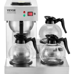VEVOR 12 Cups Commercial Drip Coffee Maker, Coffee Maker Machine with 3 Glass Carafes and 3 Warmer Plates, Stainless Steel Pour Over Coffee Brewer with Auto Water Intake, for Restaurant Office Cafe