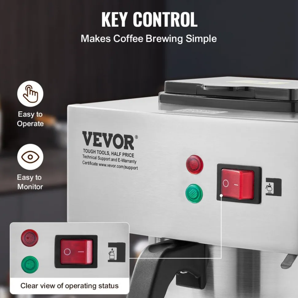 VEVOR 12 Cups Commercial Drip Coffee Maker, Coffee Maker Machine with 3 Glass Carafes and 3 Warmer Plates, Stainless Steel Pour Over Coffee Brewer with Auto Water Intake, for Restaurant Office Cafe