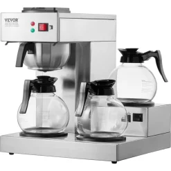 VEVOR 12 Cups Commercial Drip Coffee Maker, Coffee Maker Machine with 3 Glass Carafes and 3 Warmer Plates, Stainless Steel Pour Over Coffee Brewer with Auto Water Intake, for Restaurant Office Cafe