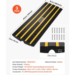 VEVOR Curb Ramp, 3 Pack Rubber Driveway Ramps, Heavy Duty 33069 lbs Weight Capacity Threshold Ramp, 2.6-inch High Curbside Bridge Ramps for Loading Dock Garage Sidewalk, Expandable Full Ramp Set