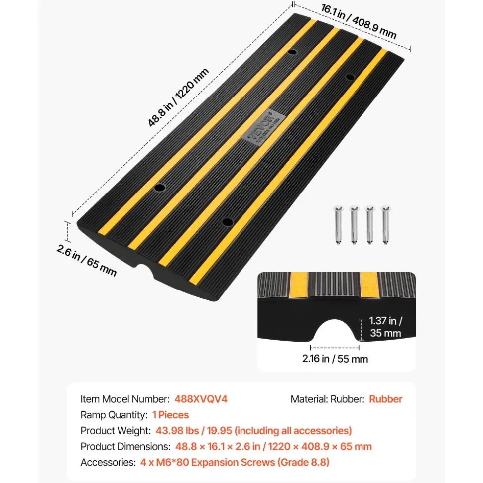 VEVOR Curb Ramp, 2.6" Rise Rubber Driveway Ramps, Heavy Duty 33069 lbs Weight Capacity Threshold Ramp, Curbside Bridge Ramps for Loading Dock Garage Sidewalk, Expandable Full Ramp Set
