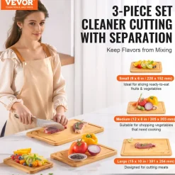 VEVOR Cutting Board, 3 Pieces, Premium Versatile Bamboo Cutting Board with Food-Grade Oil and Juice Groove,Sturdy & Durable Chopping Board with Built-in Handle, Fit for Display, Chopping & Serving