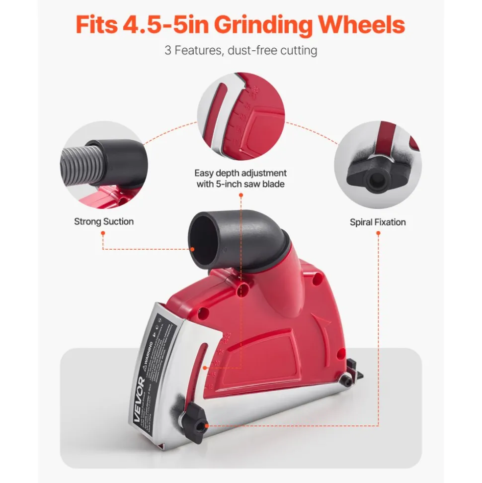 VEVOR Cutting Dust Shroud for Angle Grinders, Universal 4-5 in Angle Grinder Dust Shroud with 6 Clamping Washers, Adjustable Cutting Depth, Connect to Vacuum Cleaner, for Wood Concrete Wall Stone