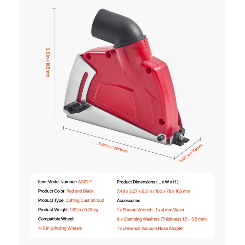 VEVOR Cutting Dust Shroud for Angle Grinders, Universal 4-5 in Angle Grinder Dust Shroud with 6 Clamping Washers, Adjustable Cutting Depth, Connect to Vacuum Cleaner, for Wood Concrete Wall Stone