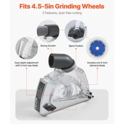 VEVOR Cutting Dust Shroud for Angle Grinders, Universal 4-5 in Angle Grinder Dust Shroud with 6 Clamping Washers & 5 in Diamond Grinding Cup Wheel, Adjustable Cutting Depth, Connect to Vacuum Cleaner