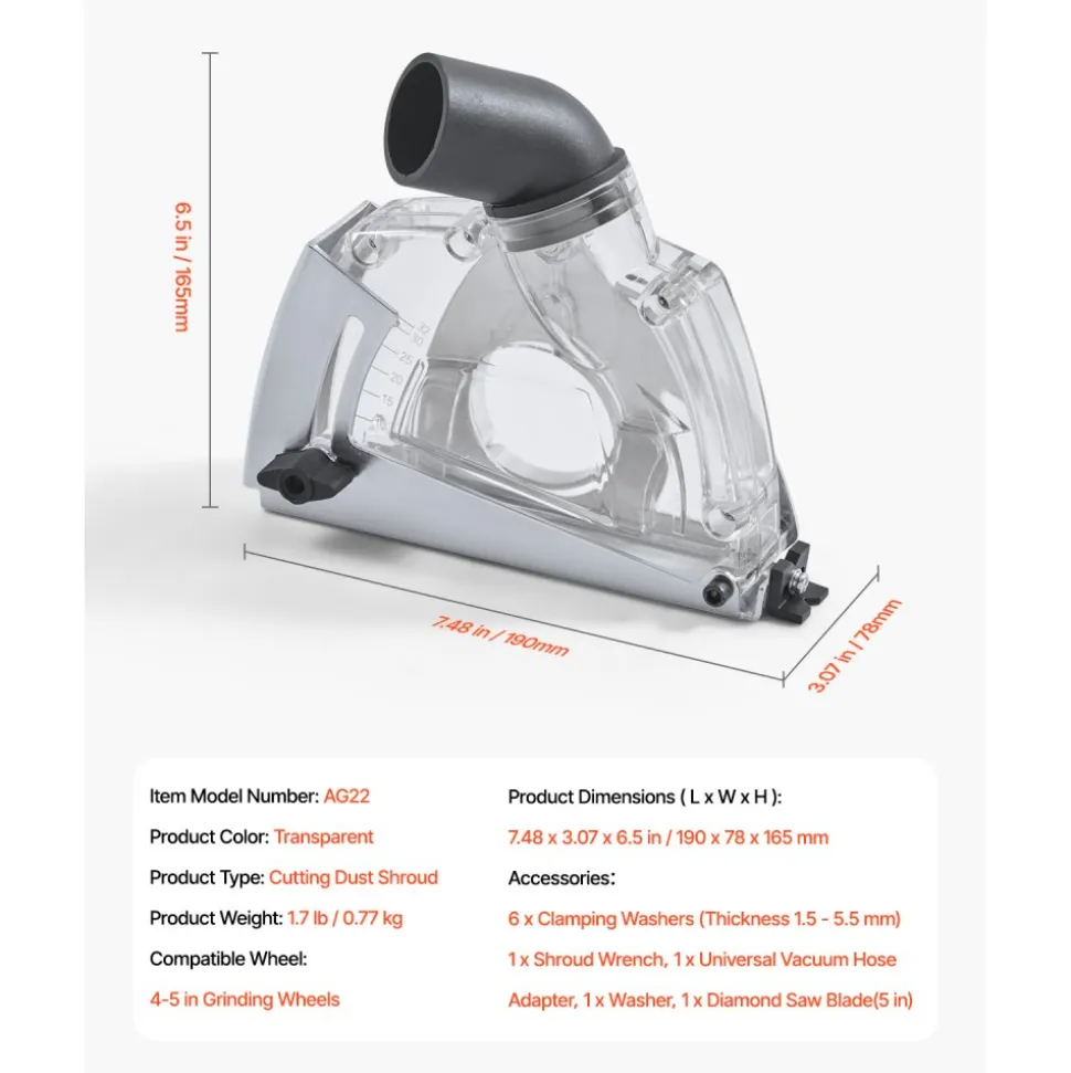 VEVOR Cutting Dust Shroud for Angle Grinders, Universal 4-5 in Angle Grinder Dust Shroud with 6 Clamping Washers & 5 in Diamond Grinding Cup Wheel, Adjustable Cutting Depth, Connect to Vacuum Cleaner