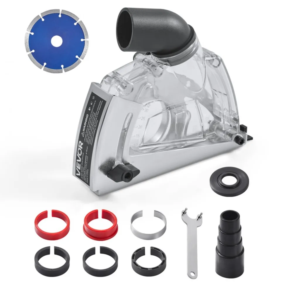 VEVOR Cutting Dust Shroud for Angle Grinders, Universal 4-5 in Angle Grinder Dust Shroud with 6 Clamping Washers & 5 in Diamond Grinding Cup Wheel, Adjustable Cutting Depth, Connect to Vacuum Cleaner