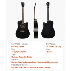 VEVOR Cutway Acoustic Guitar, 41 in, 6-String Black Solid Spruce Top Guitar, Beginner Bundle with Gig Bag, Tuner, Strap, Strings, Picks, Capo, Rosewood Fingerboard, for Adult Fingerstyle Solo Jazz