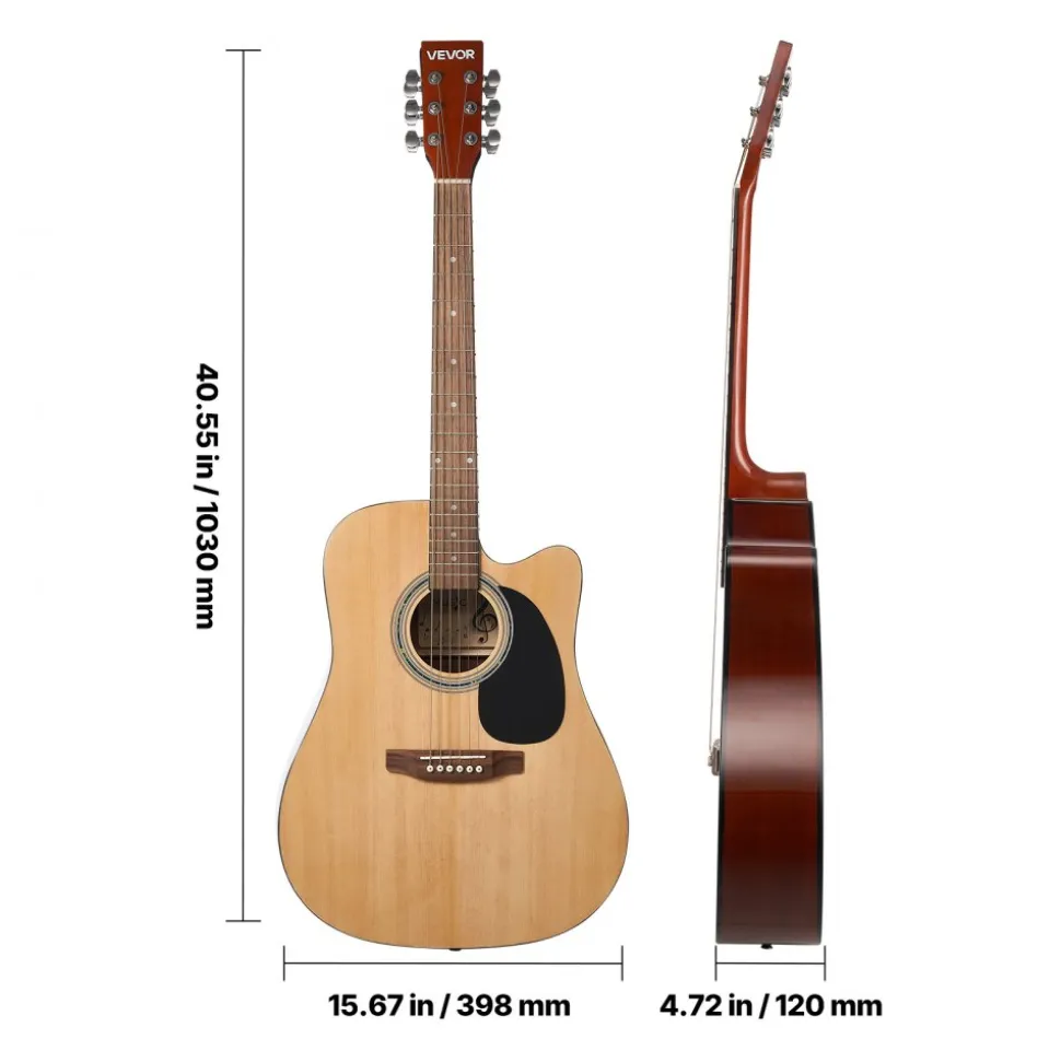 VEVOR Cutway Acoustic Guitar, 41 in, 6-String, Natural Solid Spruce Top Guitar, Beginner Bundle with Gig Bag, Tuner, Strap, Steel Strings, Picks, Capo, Rosewood Fingerboard, for Fingerstyle Solo Jazz