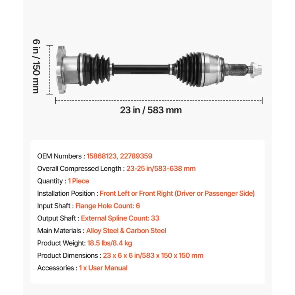 VEVOR CV Axle Shaft Assembly, Front Left or Right Side (Driver or Passenger Side), Automotive Replacement CV Joint Axle Shaft Compatible with 2007-2020 Cadillac Escalade, Alloy Steel & Carbon Steel