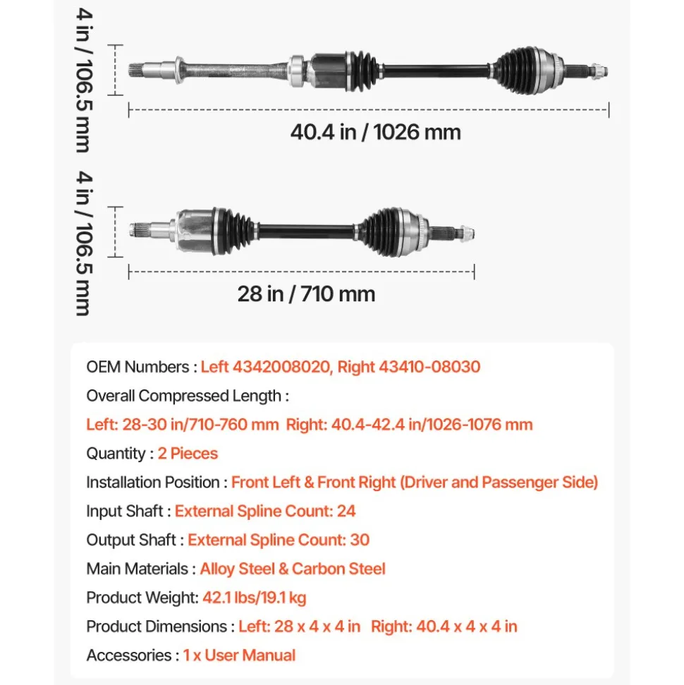 VEVOR CV Axle Shaft Assembly, 2 Pieces Front Left & Right (Driver and Passenger Side), Automotive Replacement CV Joint Axles Pair Compatible with 2004-2010 Toyota Sienna, Alloy Steel & Carbon Steel