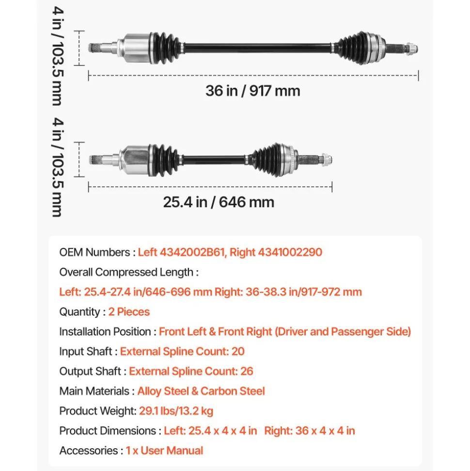 VEVOR CV Axle Shaft Assembly, 2 Pieces Front Left & Right (Driver and Passenger Side), Automotive Replacement CV Joint Axles Pair Compatible with 2009-2018 Toyota Corolla, Alloy Steel & Carbon Steel