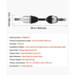 VEVOR CV Axle Shaft Assembly, 2 Pieces Front Left & Right Side (Driver and Passenger Side), Automotive Replacement CV Joint Axles Pair Compatible with 2006-2010 Hummer H3, Alloy Steel & Carbon Steel