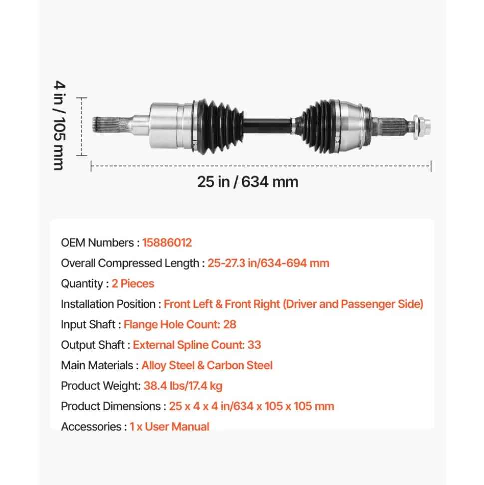 VEVOR CV Axle Shaft Assembly, 2 Pieces Front Left & Right Side (Driver and Passenger Side), Automotive Replacement CV Joint Axles Pair Compatible with 2006-2010 Hummer H3, Alloy Steel & Carbon Steel