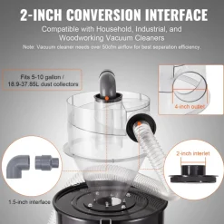 VEVOR Cyclone Dust Separator, 4" Retrofit Cyclone Separator for Dust Collectors, ABS Dust Deputy With 2" Hole O.D. Connector & Hose for Wet/Dry Shop Vacuums, Fits 5-10 Gallon Tank (Tank Exclude)